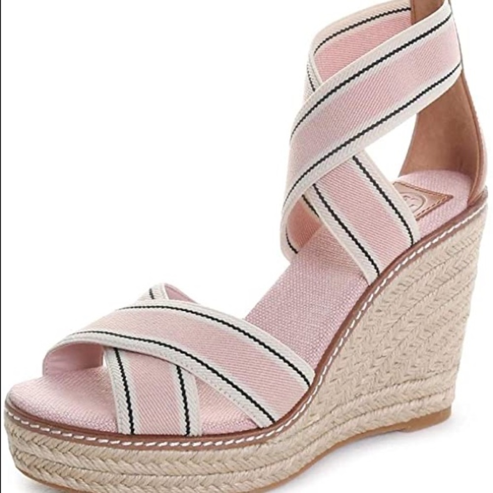 Tory Burch Frieda Pink/Tan Espadrille Wedge Sandal - Picture 2 of 9